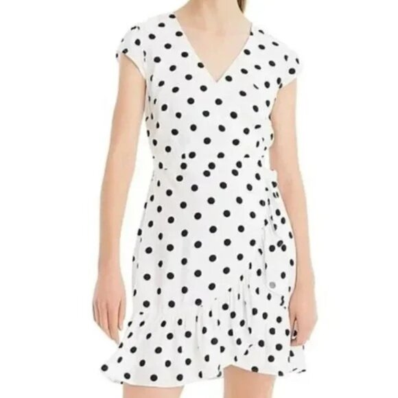 J Crew Polka Dots Faux Wrap Dress‎ Womens 6P Ruffled Front V Neck White Black - Picture 1 of 15